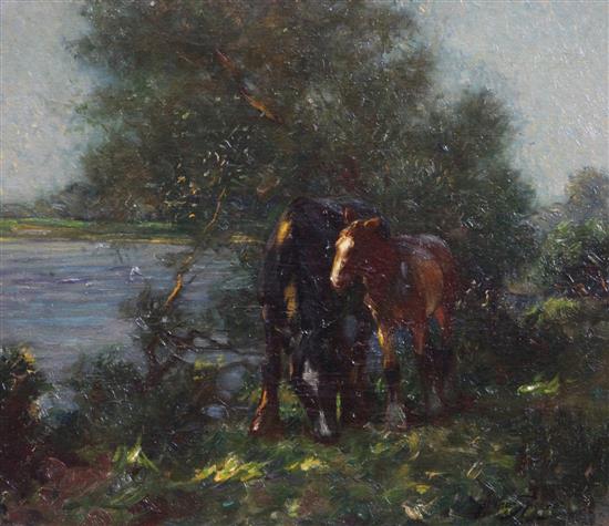 Arthur Spooner (1873-1962) Mare and foal beside a pond 12 x 14in.